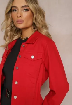 Czerwona Jeansowa Kurtka z Bawełny z Guzikami i Kieszeniami Ainztia