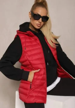 Czerwona Kamizelka Ozdobiona Pikowaniem Wykończona Kapturem i Sznurkami Xenaria