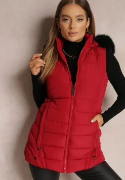Czerwona Kamizelka Pikowana z Kapturem z Futerkiem Zelija