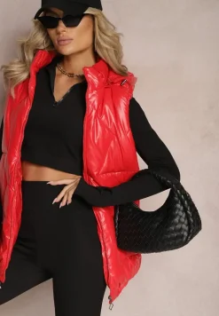 Czerwona Kamizelka z Geometrycznym Pikowaniem i Kapturem Lucide