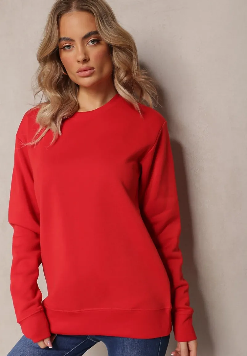Czerwona Klasyczna Bluza Zakładana Przez Głowę z Gładkiej Dzianiny Velitena