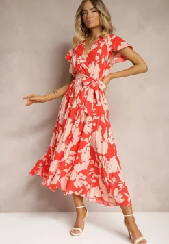 Czerwona Kopertowa Plisowana Sukienka Koktajlowa z Gumką i Paskiem w Talii Benelsea