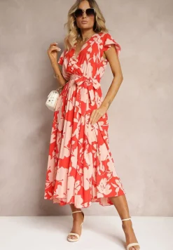 Czerwona Kopertowa Plisowana Sukienka Koktajlowa z Gumką i Paskiem w Talii Benelsea