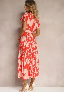 Czerwona Kopertowa Plisowana Sukienka Koktajlowa z Gumką i Paskiem w Talii Benelsea