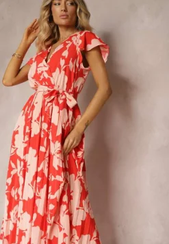 Czerwona Kopertowa Plisowana Sukienka Koktajlowa z Gumką i Paskiem w Talii Benelsea