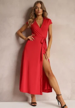 Czerwona Kopertowa Sukienka z Kołnierzykiem i Wiązaniem w Talii Hadly