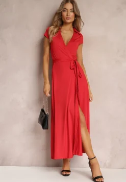 Czerwona Kopertowa Sukienka z Kołnierzykiem i Wiązaniem w Talii Hadly