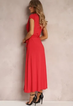 Czerwona Kopertowa Sukienka z Kołnierzykiem i Wiązaniem w Talii Hadly