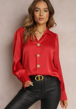 Czerwona Koszula Satynowa na Guziki Liyu