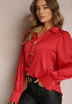 Czerwona Koszula Satynowa na Guziki Liyu