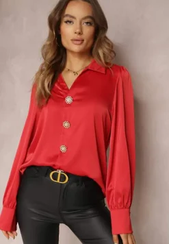 Czerwona Koszula Satynowa na Guziki Liyu