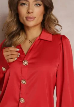 Czerwona Koszula Satynowa na Guziki Liyu