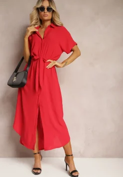 Czerwona Koszulowa Sukienka z Wiskozy z Materiałowym Paskiem w Talii Gialara