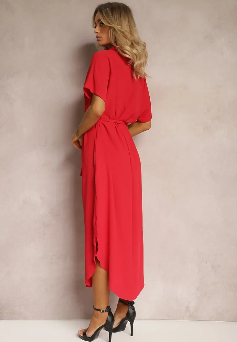 Czerwona Koszulowa Sukienka z Wiskozy z Materiałowym Paskiem w Talii Gialara