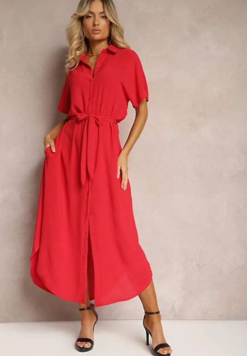 Czerwona Koszulowa Sukienka z Wiskozy z Materiałowym Paskiem w Talii Gialara