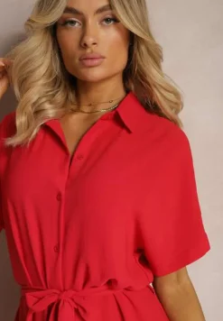 Czerwona Koszulowa Sukienka z Wiskozy z Materiałowym Paskiem w Talii Gialara