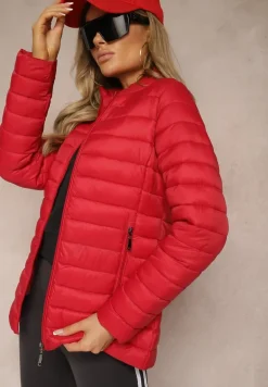 Czerwona Kurtka Ozdobiona Pikowaniem i Kieszeniami na Suwak Mivuria