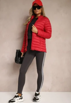 Czerwona Kurtka Ozdobiona Pikowaniem i Kieszeniami na Suwak Mivuria
