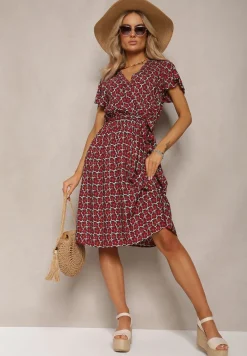 Czerwona Letnia Sukienka Kopertowa Wiązana w Pasie z Wiskozy Meridase