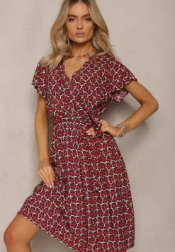 Czerwona Letnia Sukienka Kopertowa Wiązana w Pasie z Wiskozy Meridase