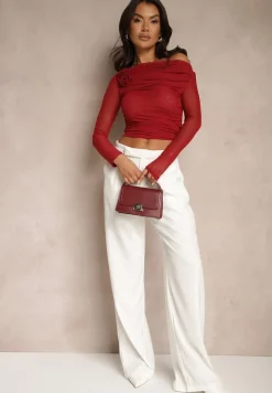 Czerwona Marszczona Bluzka z Siateczki Zdobiona Aplikacją w Kształcie Róży Olirisa