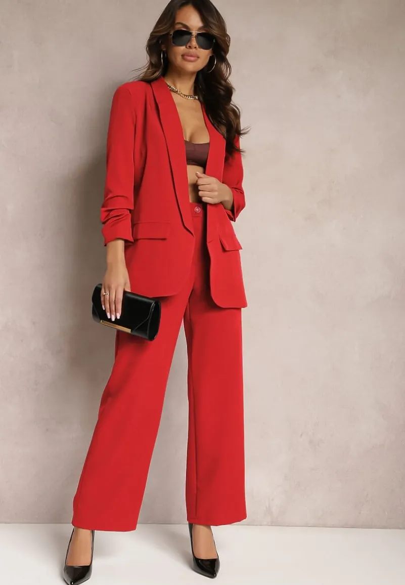 Czerwona Marynarka Niezapinana z Marszczonymi Rękawami Orolea