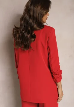 Czerwona Marynarka Niezapinana z Marszczonymi Rękawami Orolea