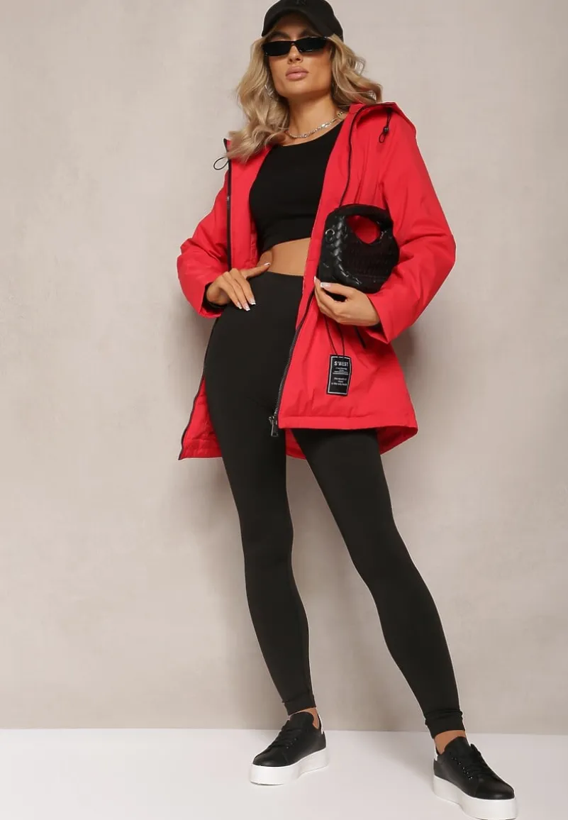 Czerwona Parka Kurtka Taliowana z Kapturem i Ściągaczkami Anivri