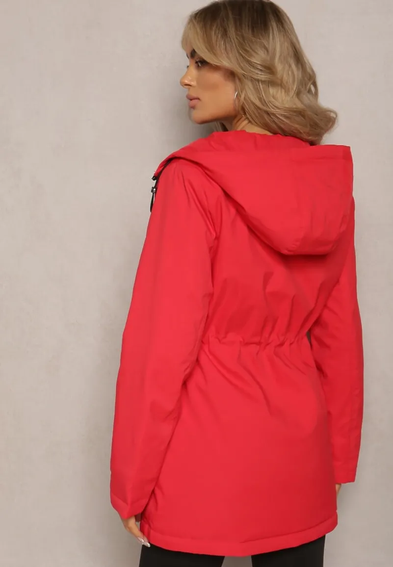 Czerwona Parka Kurtka Taliowana z Kapturem i Ściągaczkami Anivri