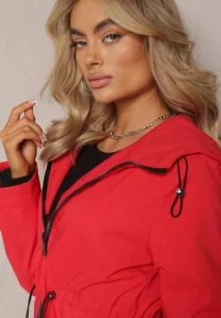 Czerwona Parka Kurtka Taliowana z Kapturem i Ściągaczkami Anivri