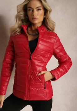 Czerwona Przejściowa Kurtka Pikowana z Zasuwanymi Kieszeniami Asethalia