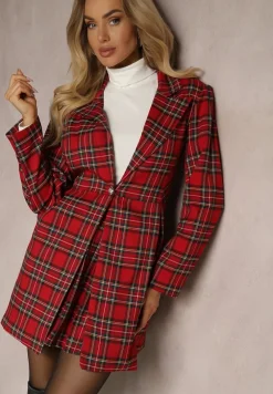 Czerwona Rozkloszowana Marynarka w Kartkę Zapinana na Ozdobny Guzik Delathria