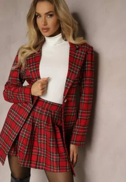 Czerwona Rozkloszowana Marynarka w Kartkę Zapinana na Ozdobny Guzik Delathria