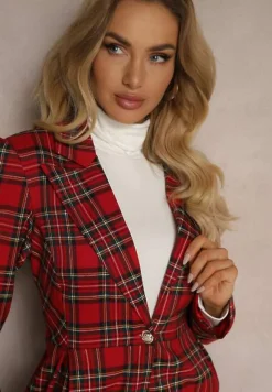 Czerwona Rozkloszowana Marynarka w Kartkę Zapinana na Ozdobny Guzik Delathria