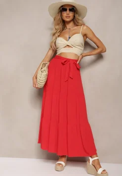 Czerwona Rozkloszowana Spódnica Maxi z Wiskozy z Materiałowymi Paskami Wintelis