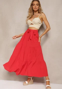 Czerwona Rozkloszowana Spódnica Maxi z Wiskozy z Materiałowymi Paskami Wintelis