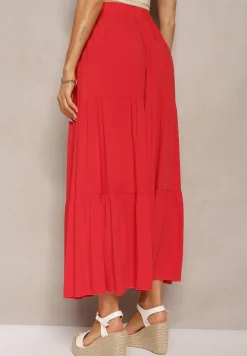 Czerwona Rozkloszowana Spódnica Maxi z Wiskozy z Materiałowymi Paskami Wintelis