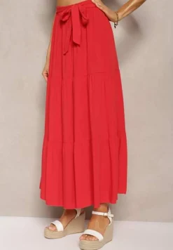 Czerwona Rozkloszowana Spódnica Maxi z Wiskozy z Materiałowymi Paskami Wintelis