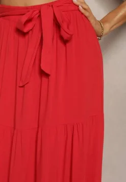 Czerwona Rozkloszowana Spódnica Maxi z Wiskozy z Materiałowymi Paskami Wintelis