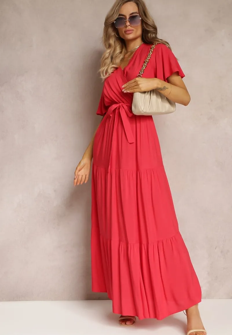 Czerwona Rozkloszowana Sukienka z Falbanką i Wiązanym Paskiem Adotine