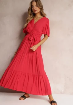 Czerwona Rozkloszowana Sukienka z Falbanką i Wiązanym Paskiem Adotine