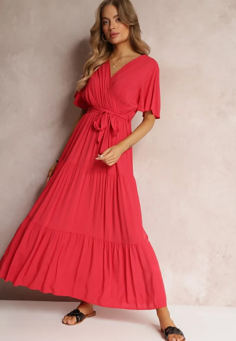 Czerwona Rozkloszowana Sukienka z Falbanką i Wiązanym Paskiem Adotine