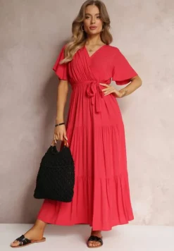 Czerwona Rozkloszowana Sukienka z Falbanką i Wiązanym Paskiem Adotine