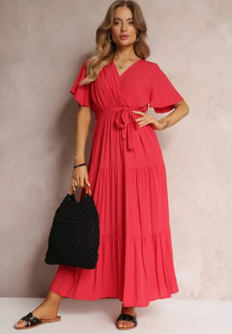 Czerwona Rozkloszowana Sukienka z Falbanką i Wiązanym Paskiem Adotine