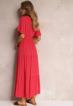 Czerwona Rozkloszowana Sukienka z Falbanką i Wiązanym Paskiem Adotine
