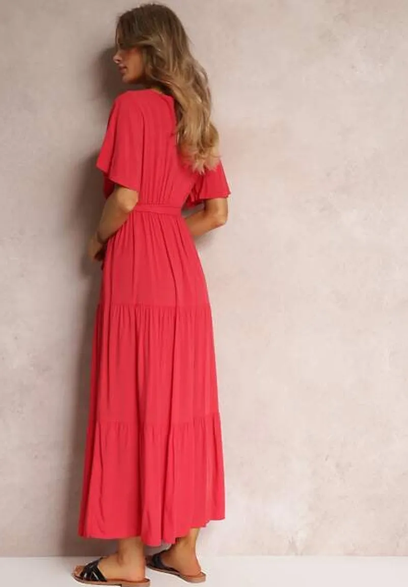 Czerwona Rozkloszowana Sukienka z Falbanką i Wiązanym Paskiem Adotine