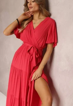 Czerwona Rozkloszowana Sukienka z Falbanką i Wiązanym Paskiem Adotine