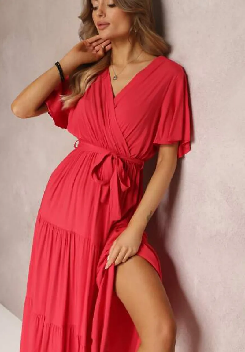 Czerwona Rozkloszowana Sukienka z Falbanką i Wiązanym Paskiem Adotine