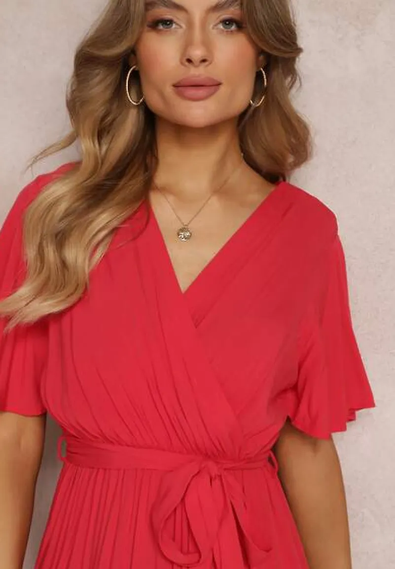 Czerwona Rozkloszowana Sukienka z Falbanką i Wiązanym Paskiem Adotine