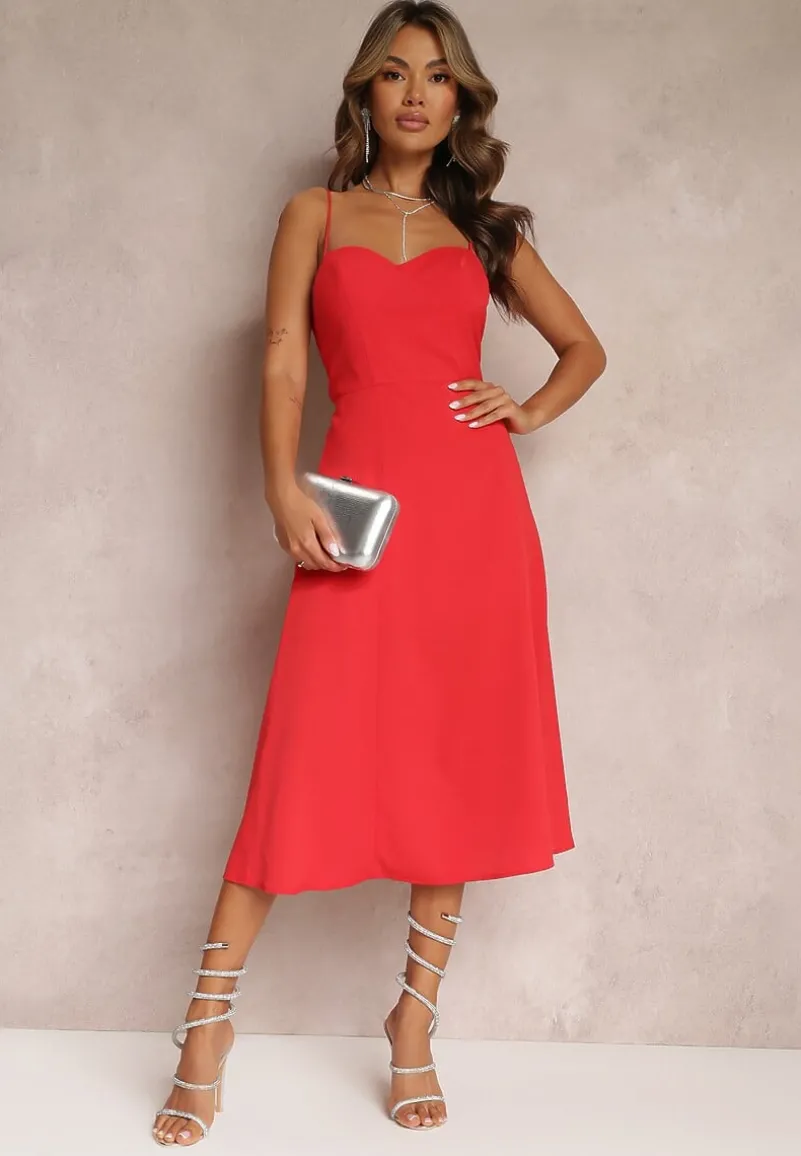 Czerwona Rozkloszowana Sukienka Midi z Rozcięciem na Ramiączkach Josine
